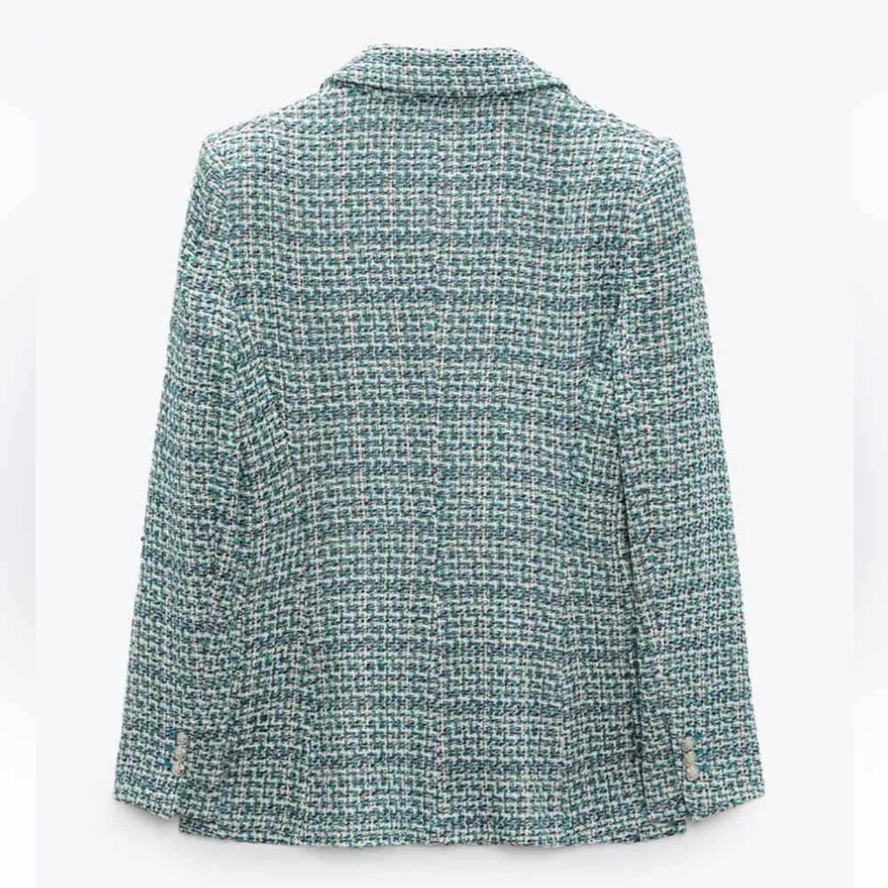 ZARA BUTTONED TEXTURED WEAVE BLAZER  GREE/BLUE SIZE S NEW - Picture 10 of 11